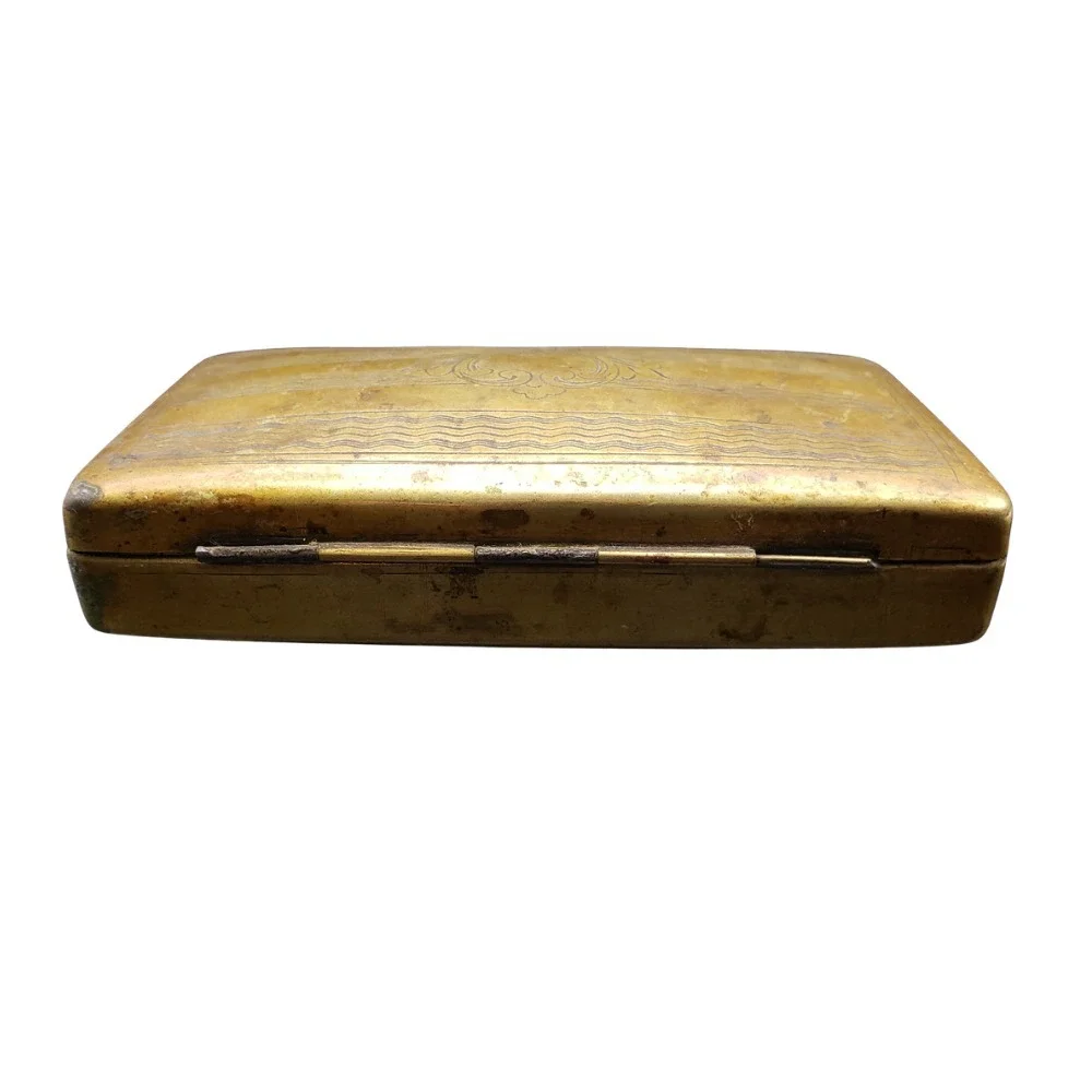 Antique ca 1900s Brass Metal Tobacco Snuff Box Engraved Wave Pattern Hinged Lid
